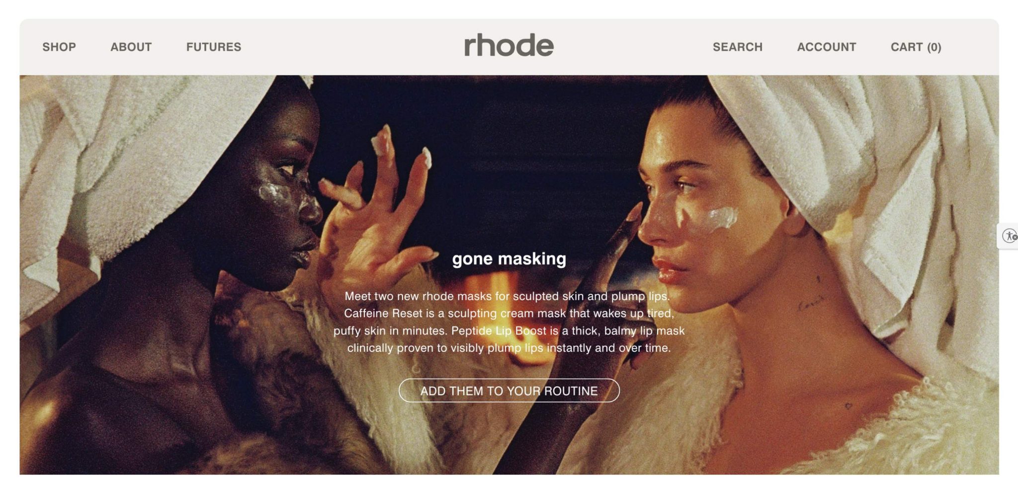 Rhode’s gone masking campaign, showing two women wearing towel wraps and applying face masks in warm light.